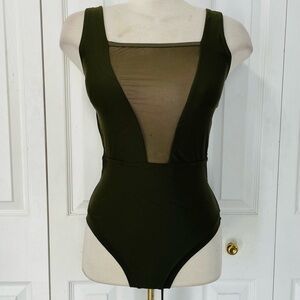 New Olive Green Mesh Panel One Piece Swimsuit